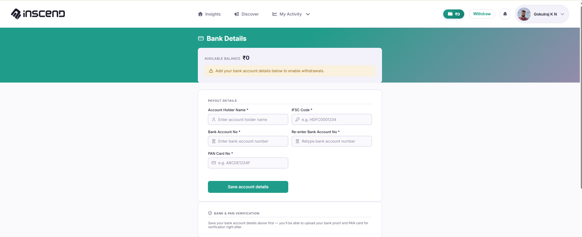 Add bank account form