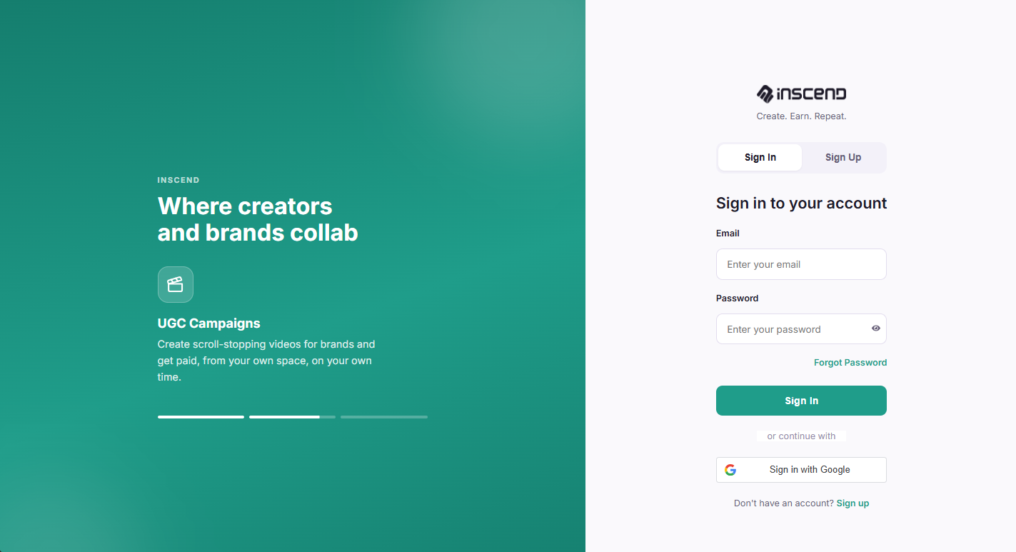 Inscend sign-up page
