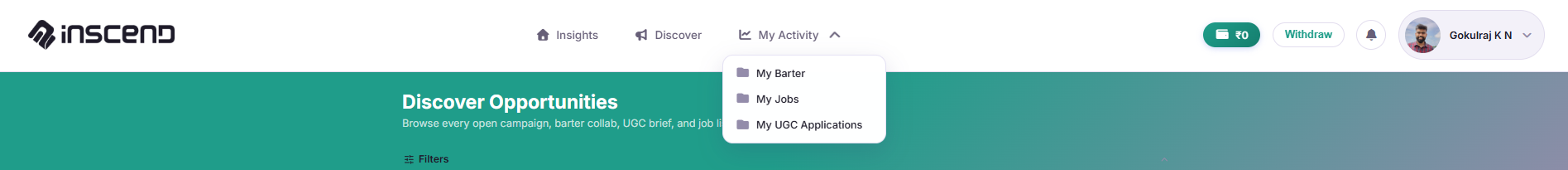 My Activity menu open