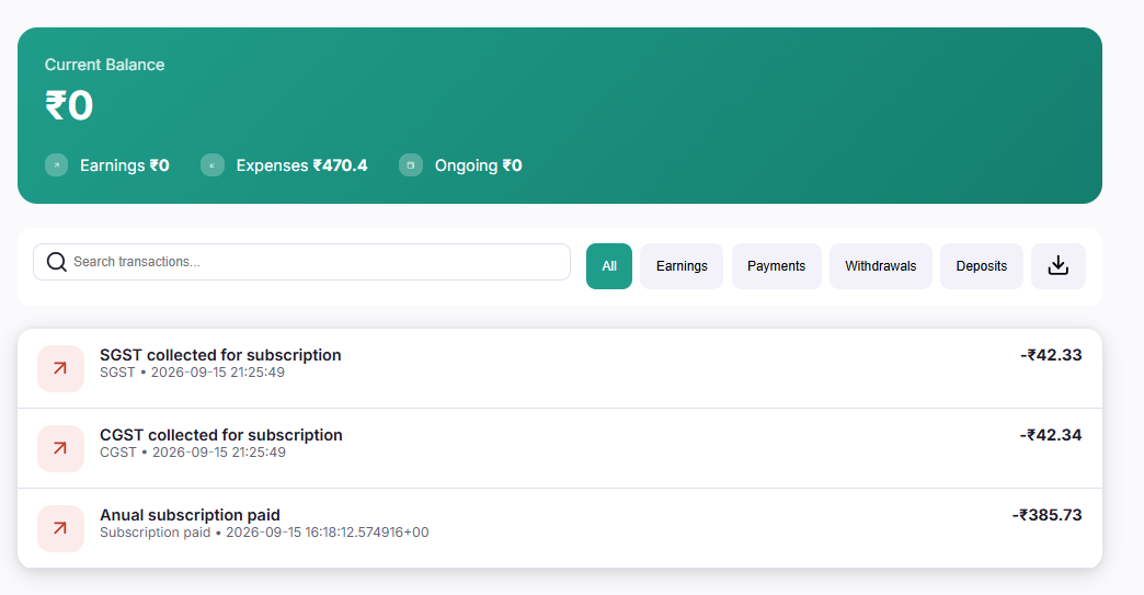Transactions page